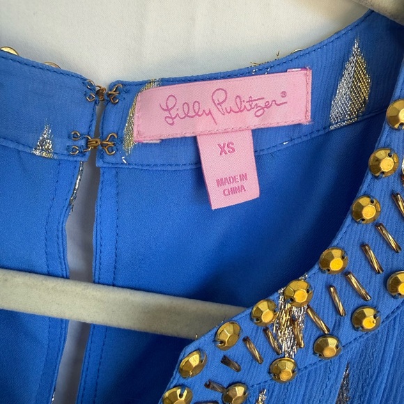Lilly Pulitzer Silk Metallic Romper Blue Gold Beaded XS Resort Party - Picture 4 of 6